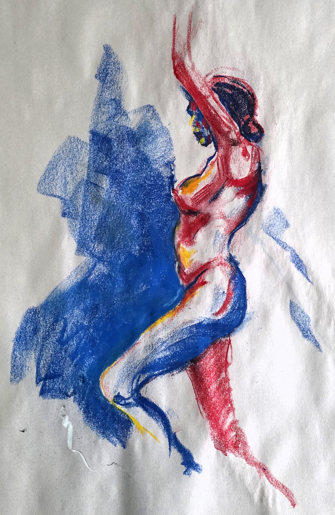 Soft pastel figure of a dancer, arm raised, in red against a blue sweep
