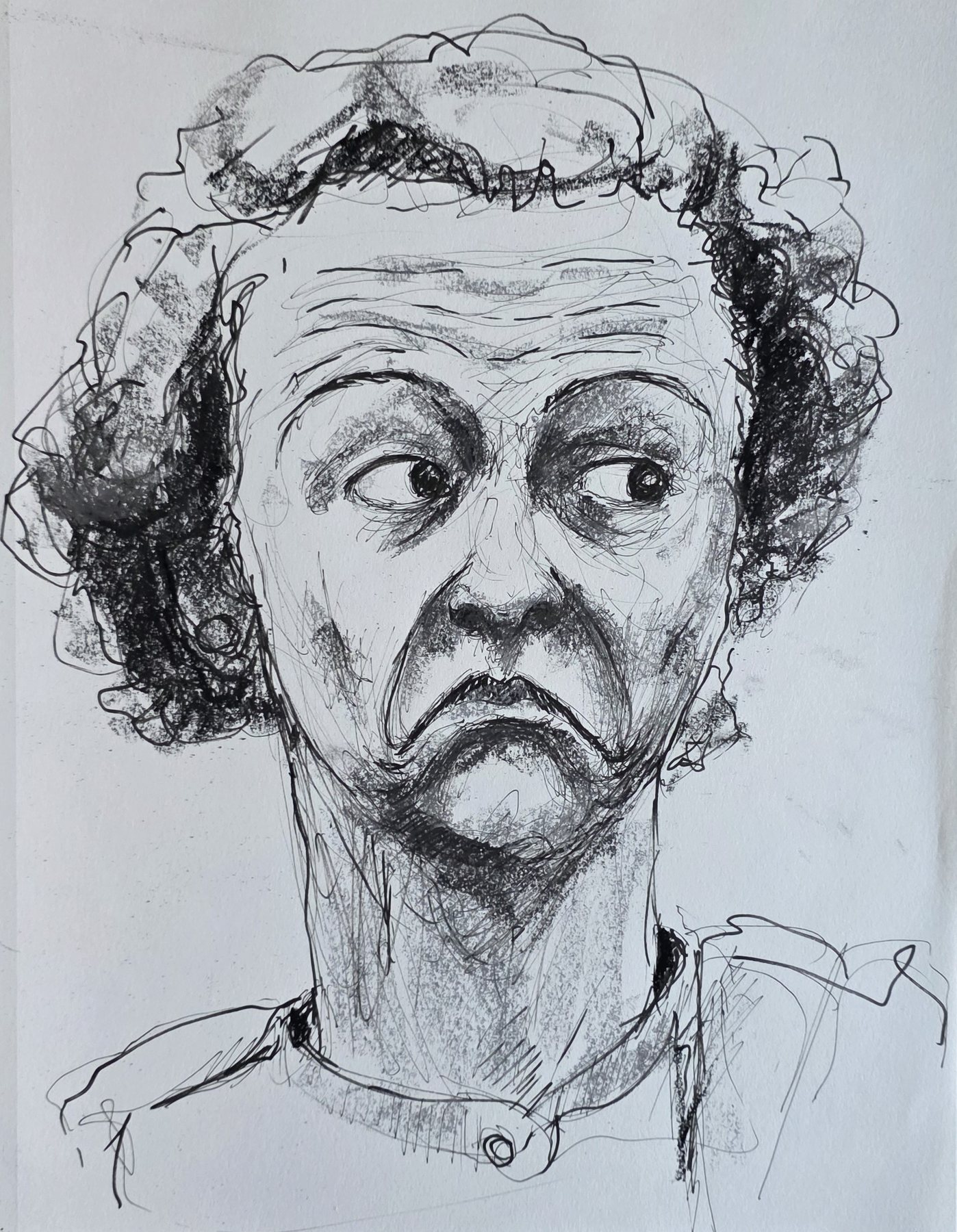 Pen and charcoal portrait of a curly-haired woman glancing sideways with a frown