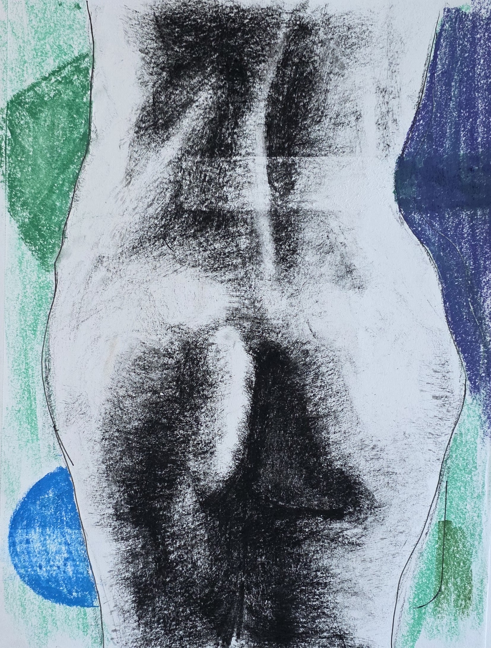 Charcoal study of a bare torso with green and blue shapes around the figure