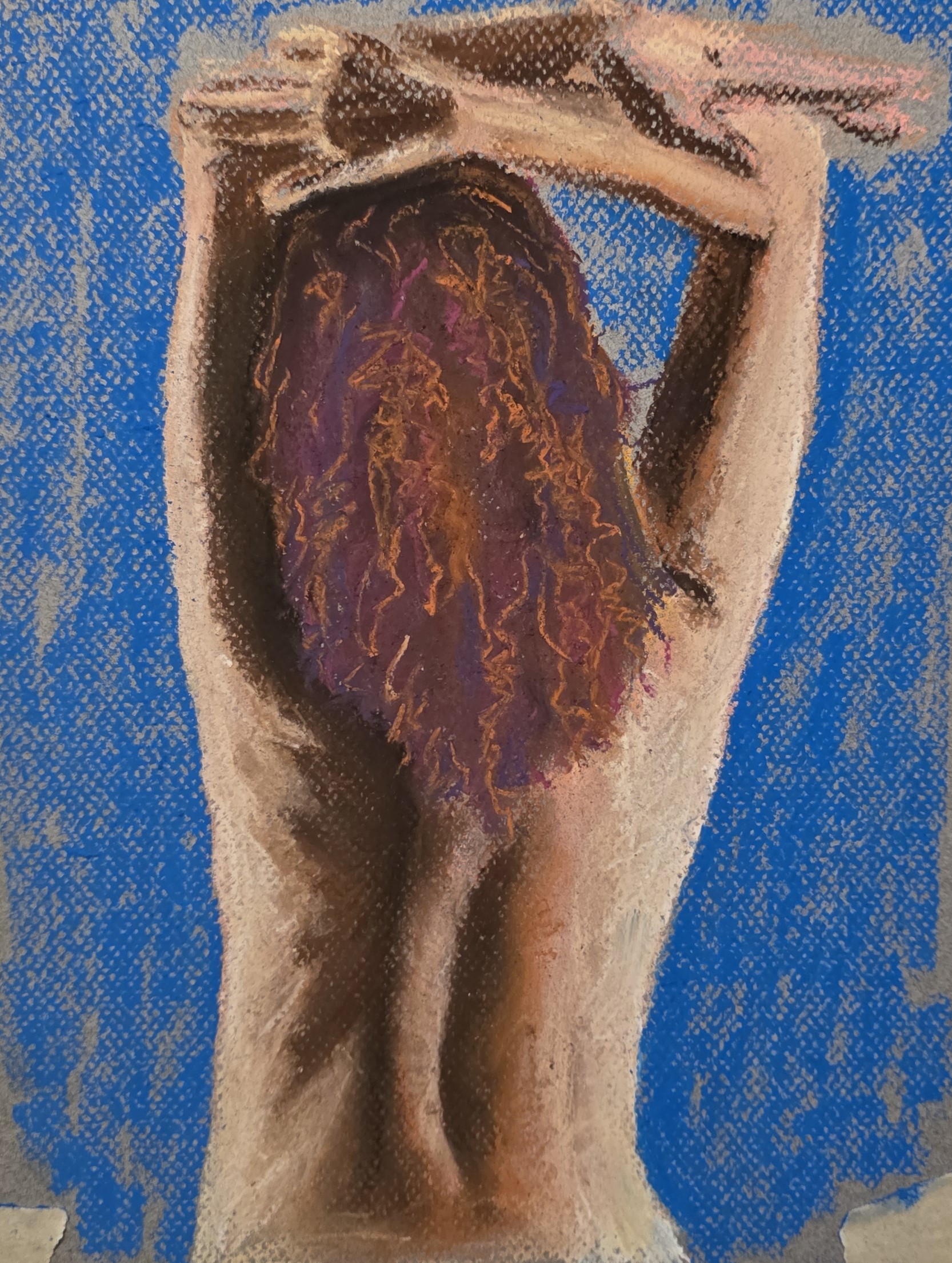 Pastel study of a bare back with raised arms against a blue ground