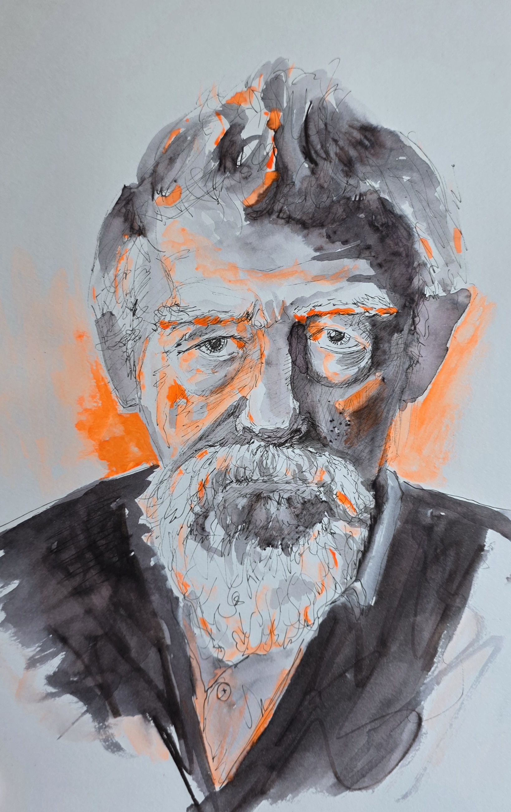 Bearded man with glasses drawn in ink and grey wash with bright orange accents