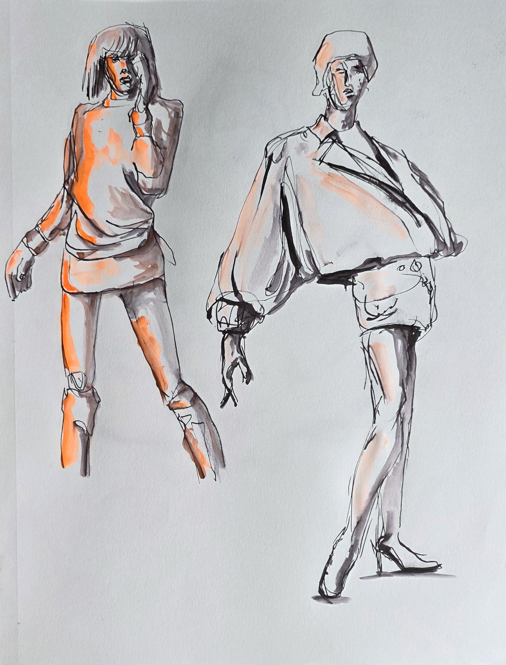 Two loose clothed figure studies in black ink with orange and grey washes