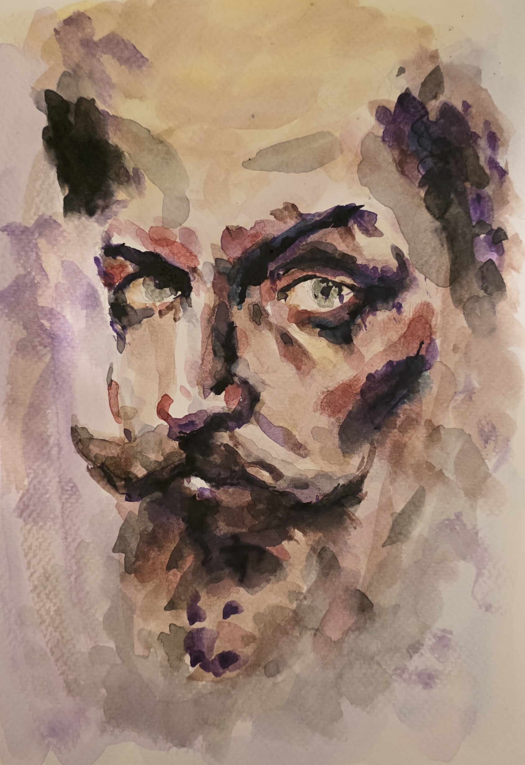 Loose watercolor portrait of a man with a curled mustache and goatee, in violet, rust and ochre washes
