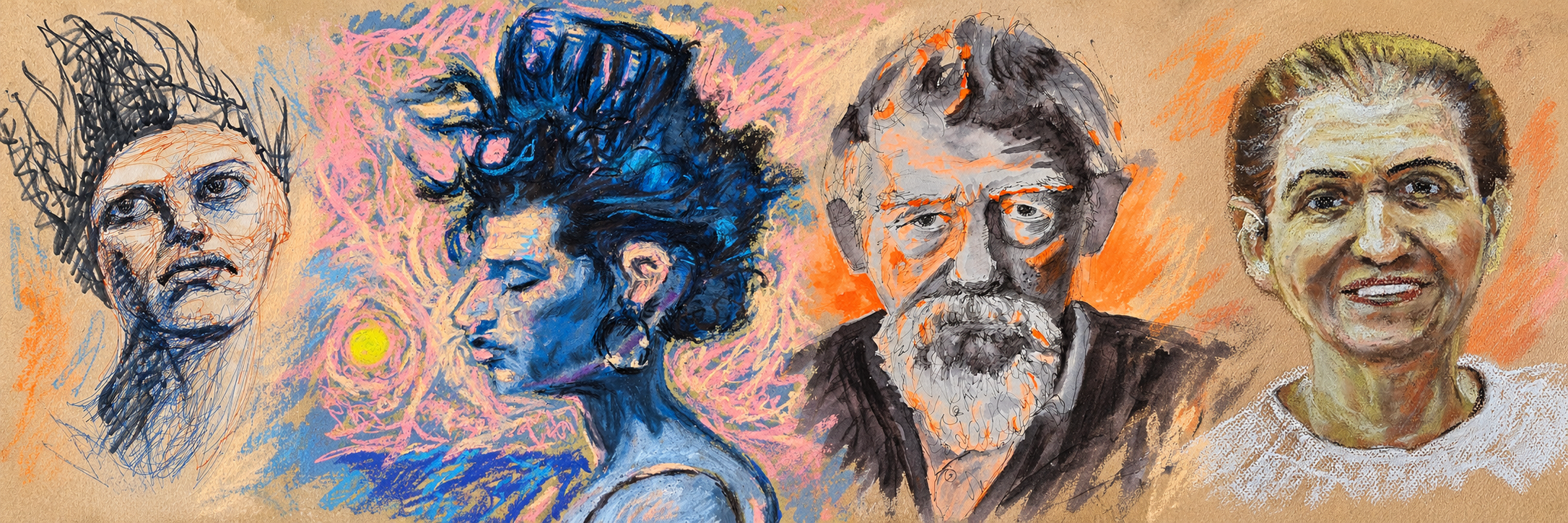 Four expressive portraits combining loose ink, blue pastel, orange wash and a warm pastel smile