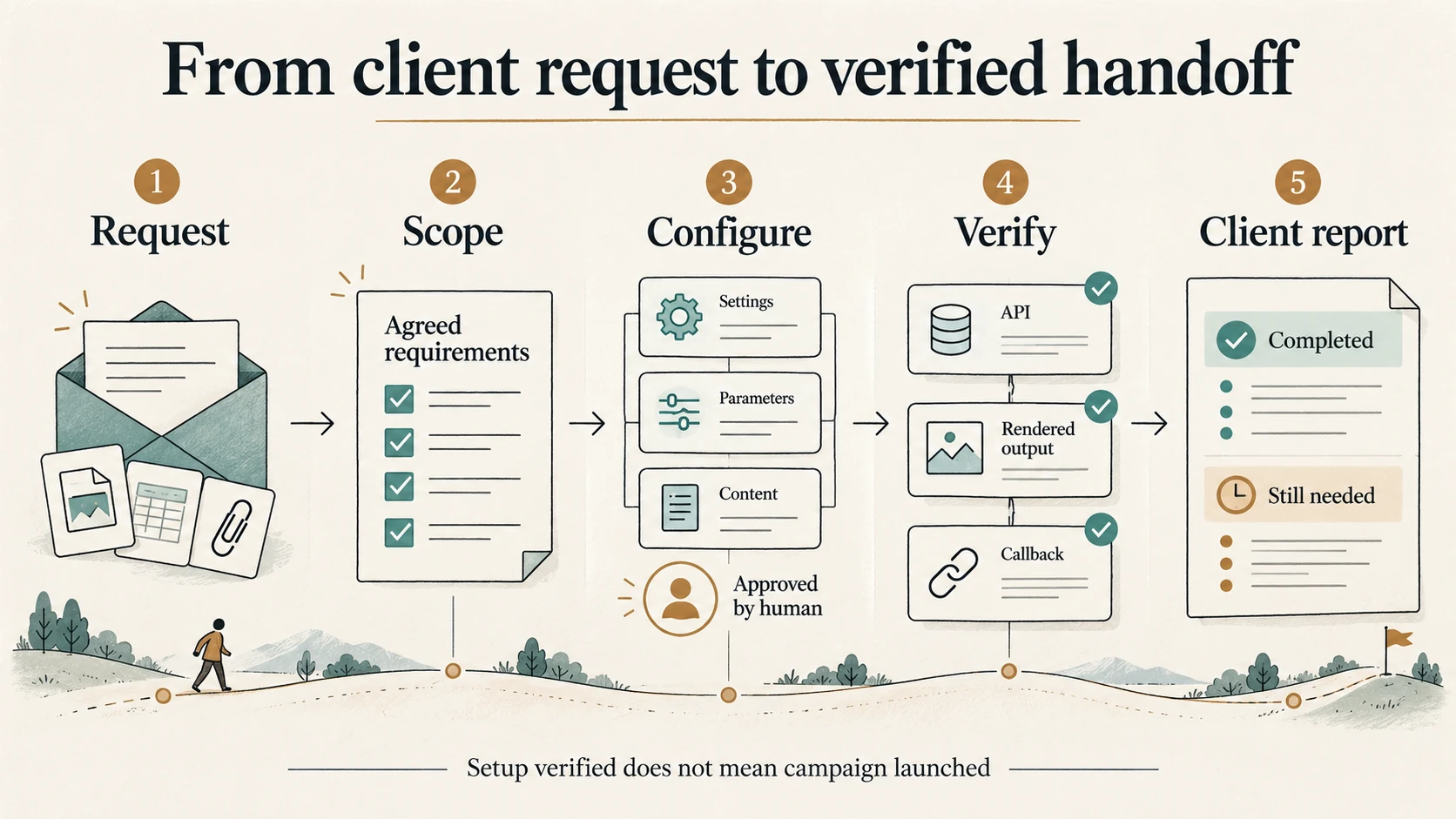A generic client request moves through scope, configuration, verification, and reporting. Verification includes API output, rendered pages, and callbacks. The report separates completed work from outstanding needs.